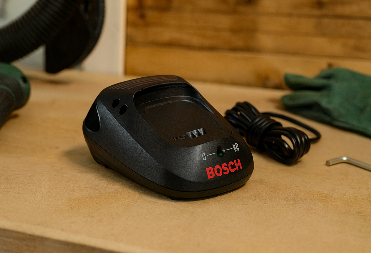 Απεικονίζεται ο φορτιστής και το καλώδιό του πάνω σε πάγκο.